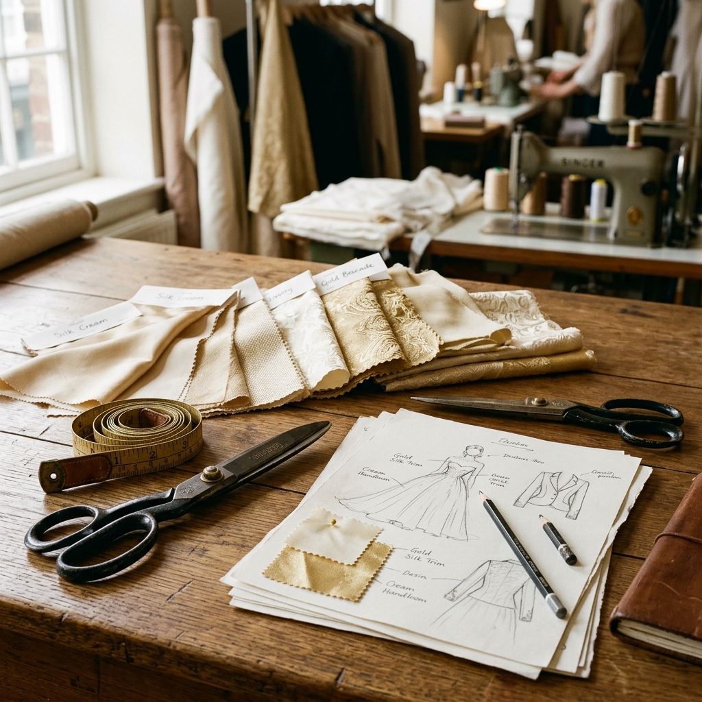 Editorial photorealistic photograph of a designer's workspace in an Indian fashion design atelier, showcasing made-to-measure Indian fashion details.