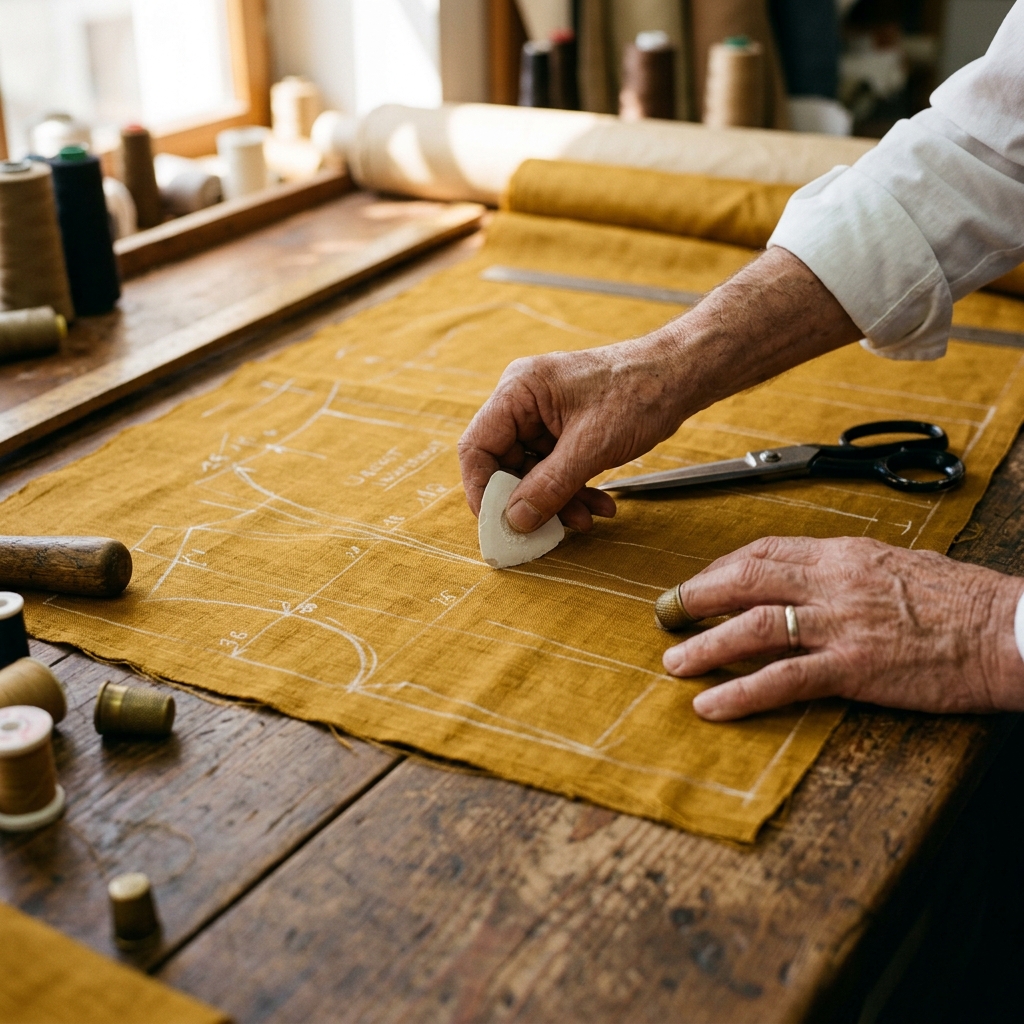 Editorial photorealistic photograph of a designer's hands using chalk to mark pattern lines on handloom silk, showcasing custom tailoring and made-to-measure Indian fashion details.