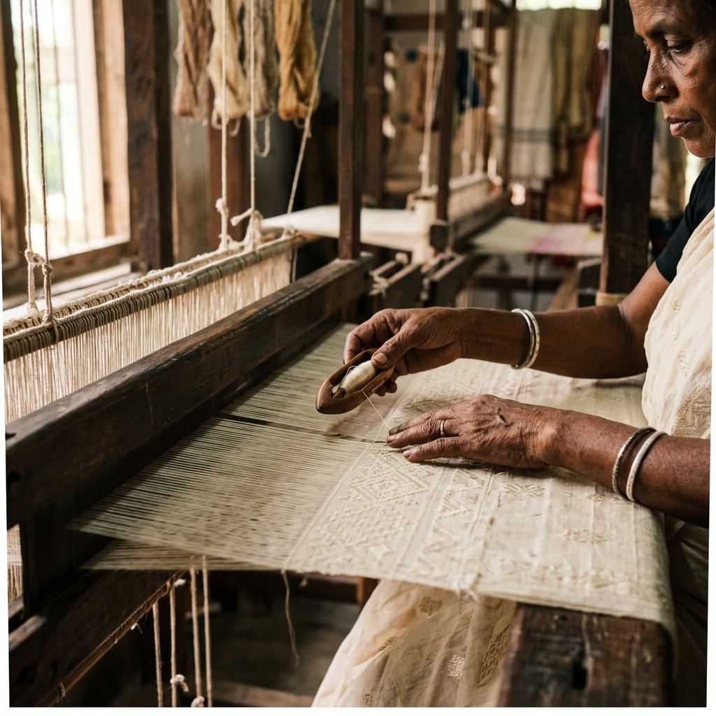 Close-up of an artisan's hands weaving Chanderi silk, representing the craftsmanship behind quiet luxury Indian fashion.